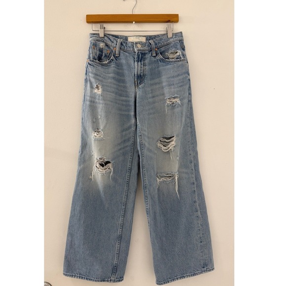 MOTHER The Down Low Spinner Hover Jeans Holy Roller Distressed Wide Leg 25